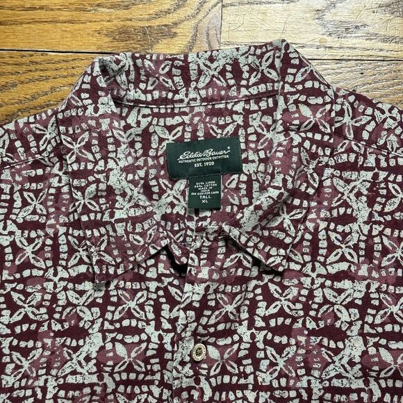 Vintage Eddie Bauer Shirt Adult XL Tall Geometric Print Linen Maroon Men’s‎ - Picture 3 of 6